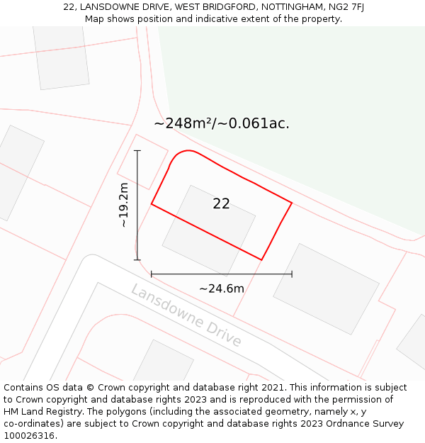 22, LANSDOWNE DRIVE, WEST BRIDGFORD, NOTTINGHAM, NG2 7FJ: Plot and title map