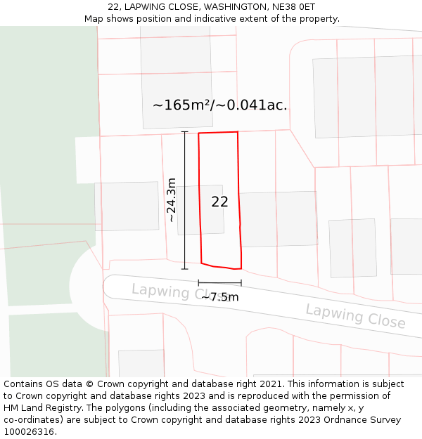 22, LAPWING CLOSE, WASHINGTON, NE38 0ET: Plot and title map