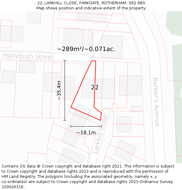 22, LARKHILL CLOSE, PARKGATE, ROTHERHAM, S62 6BS: Plot and title map