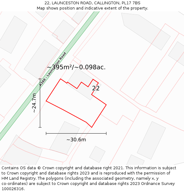 22, LAUNCESTON ROAD, CALLINGTON, PL17 7BS: Plot and title map