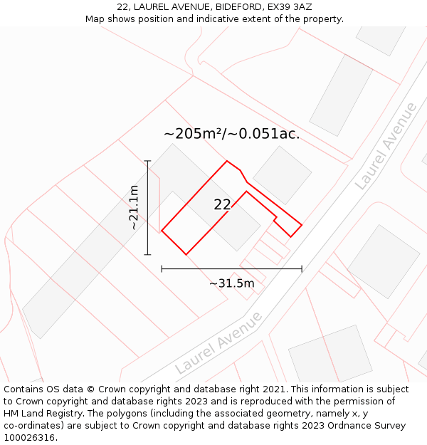 22, LAUREL AVENUE, BIDEFORD, EX39 3AZ: Plot and title map