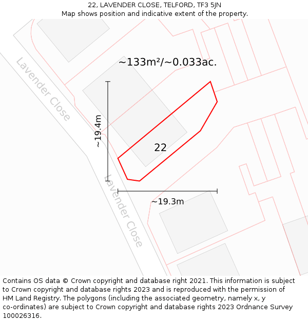 22, LAVENDER CLOSE, TELFORD, TF3 5JN: Plot and title map