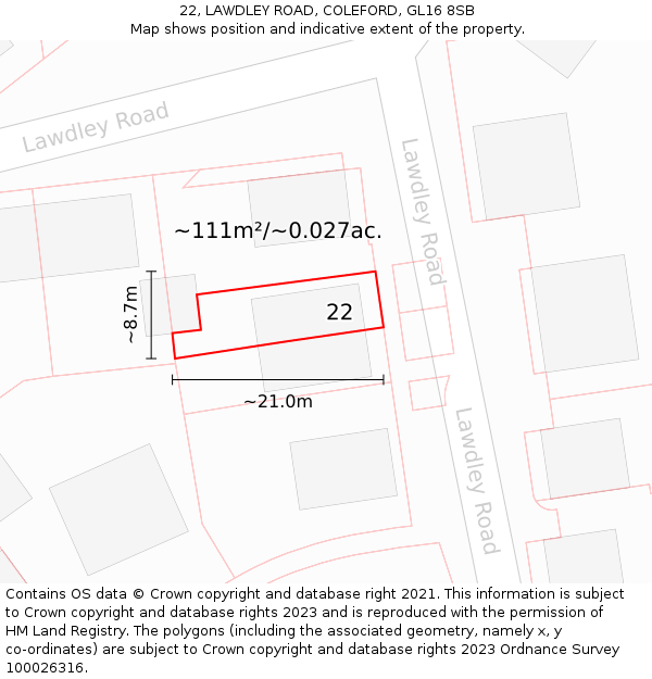 22, LAWDLEY ROAD, COLEFORD, GL16 8SB: Plot and title map