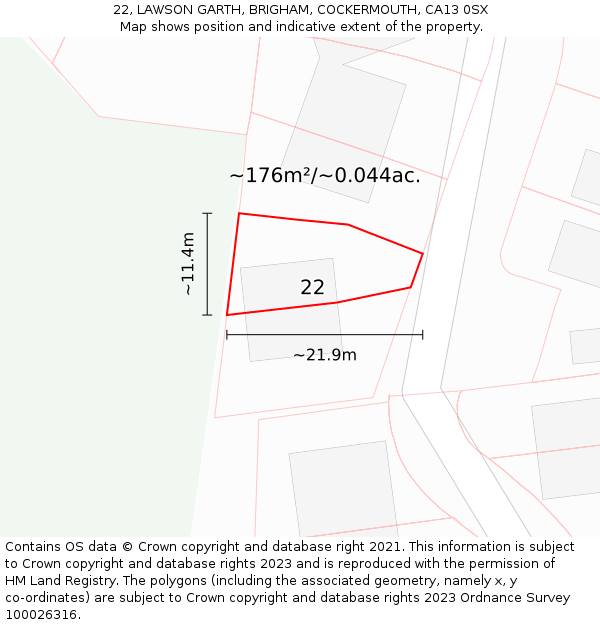 22, LAWSON GARTH, BRIGHAM, COCKERMOUTH, CA13 0SX: Plot and title map