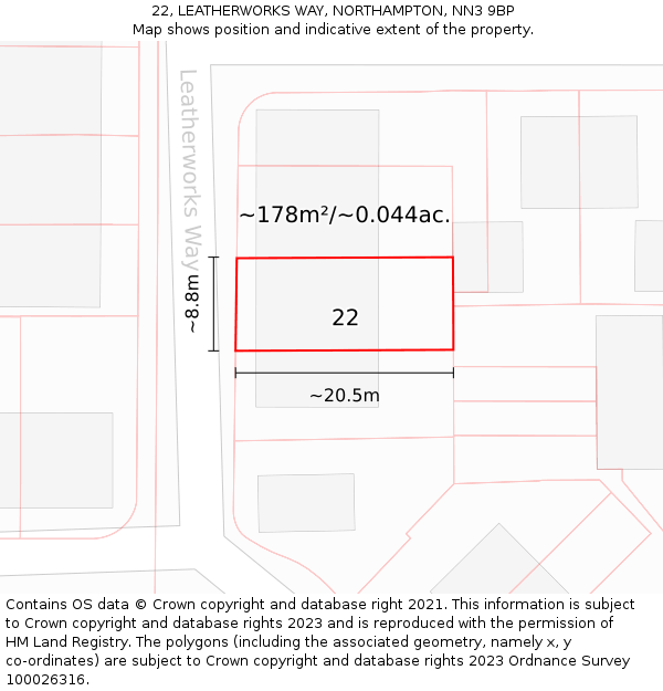 22, LEATHERWORKS WAY, NORTHAMPTON, NN3 9BP: Plot and title map