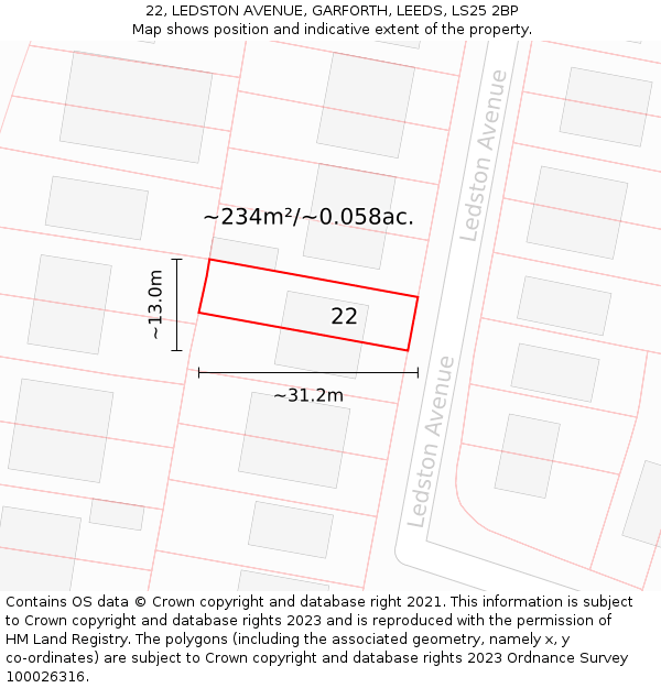 22, LEDSTON AVENUE, GARFORTH, LEEDS, LS25 2BP: Plot and title map