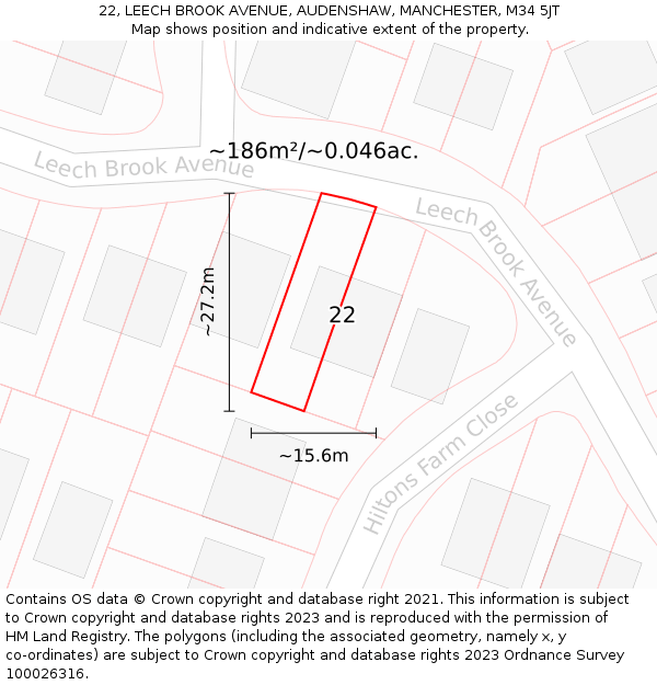 22, LEECH BROOK AVENUE, AUDENSHAW, MANCHESTER, M34 5JT: Plot and title map