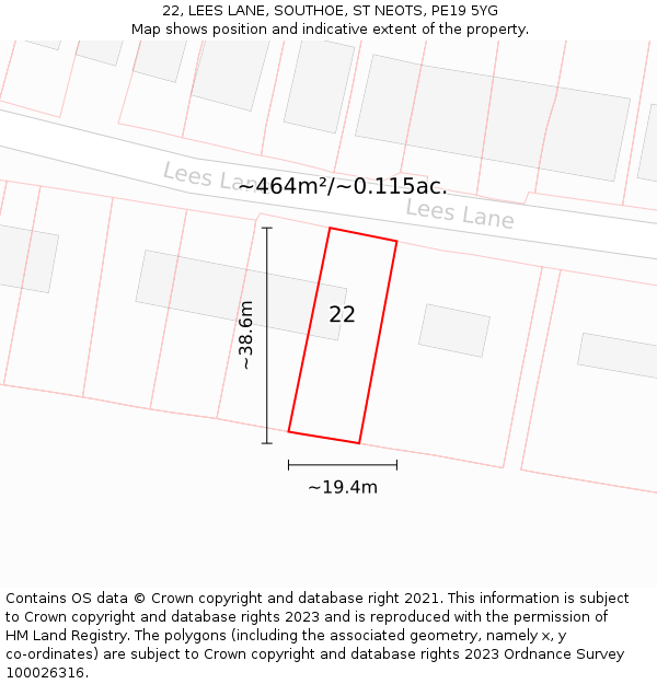 22, LEES LANE, SOUTHOE, ST NEOTS, PE19 5YG: Plot and title map