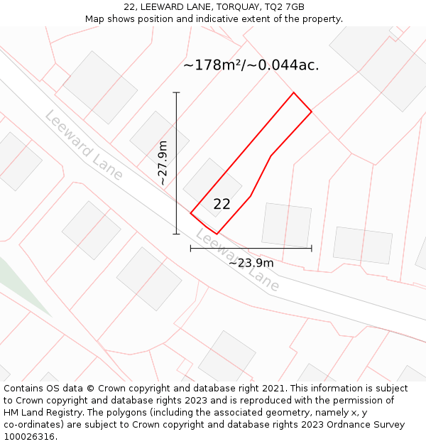 22, LEEWARD LANE, TORQUAY, TQ2 7GB: Plot and title map