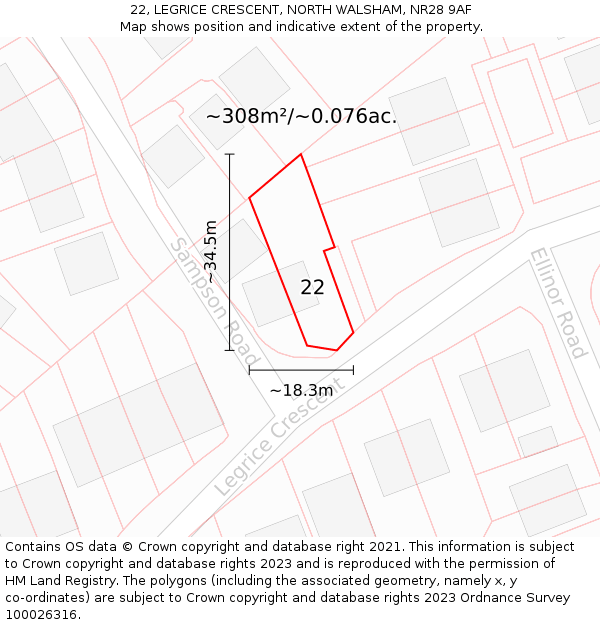 22, LEGRICE CRESCENT, NORTH WALSHAM, NR28 9AF: Plot and title map