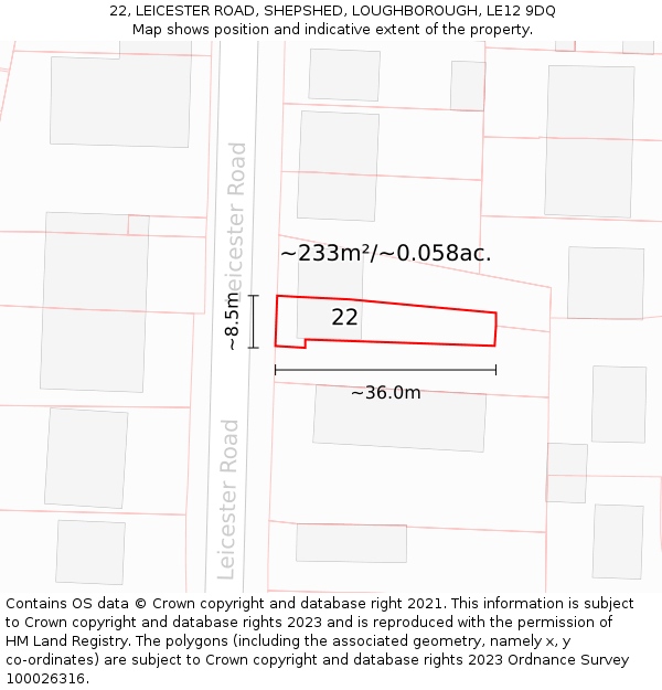 22, LEICESTER ROAD, SHEPSHED, LOUGHBOROUGH, LE12 9DQ: Plot and title map