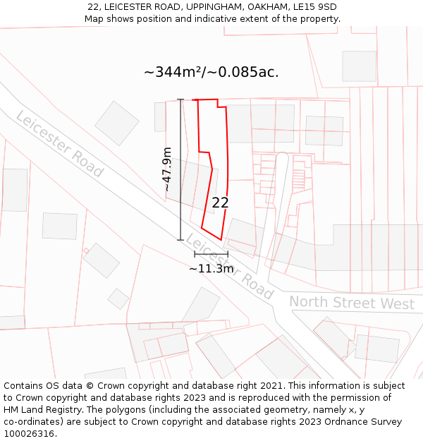 22, LEICESTER ROAD, UPPINGHAM, OAKHAM, LE15 9SD: Plot and title map