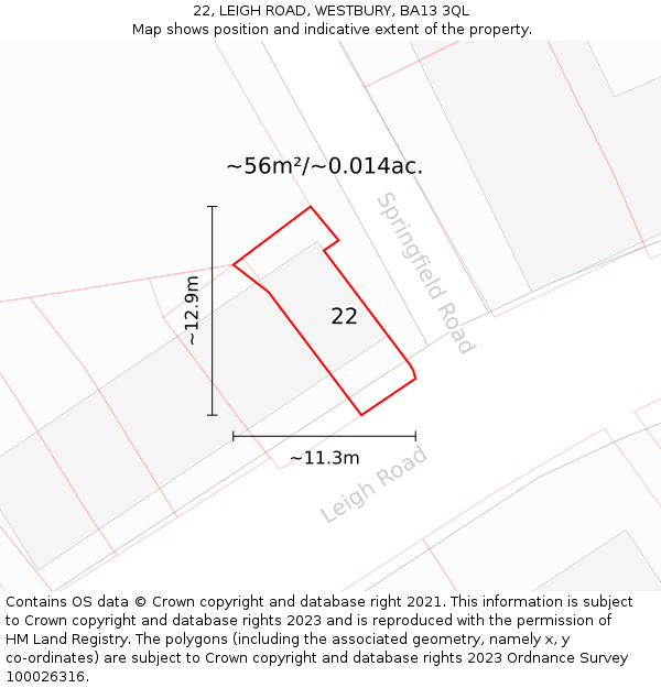 22, LEIGH ROAD, WESTBURY, BA13 3QL: Plot and title map