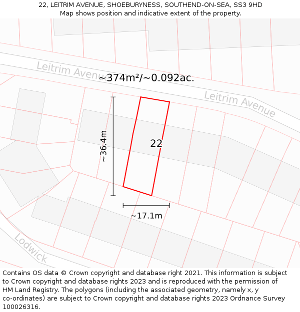 22, LEITRIM AVENUE, SHOEBURYNESS, SOUTHEND-ON-SEA, SS3 9HD: Plot and title map