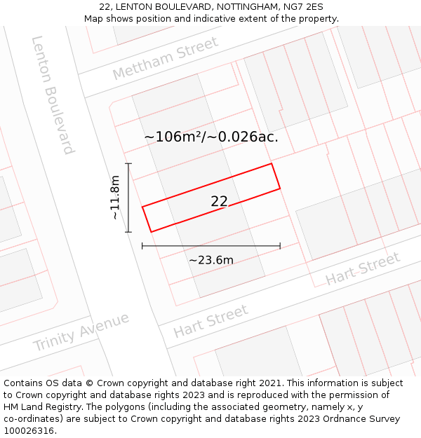 22, LENTON BOULEVARD, NOTTINGHAM, NG7 2ES: Plot and title map