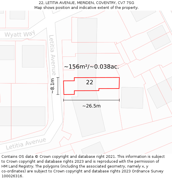 22, LETITIA AVENUE, MERIDEN, COVENTRY, CV7 7SG: Plot and title map