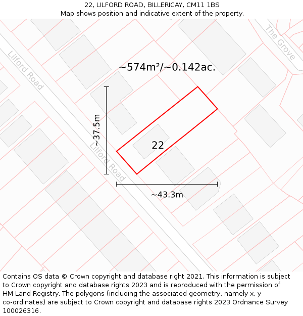 22, LILFORD ROAD, BILLERICAY, CM11 1BS: Plot and title map