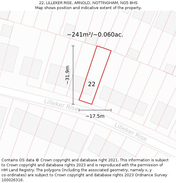 22, LILLEKER RISE, ARNOLD, NOTTINGHAM, NG5 8HS: Plot and title map