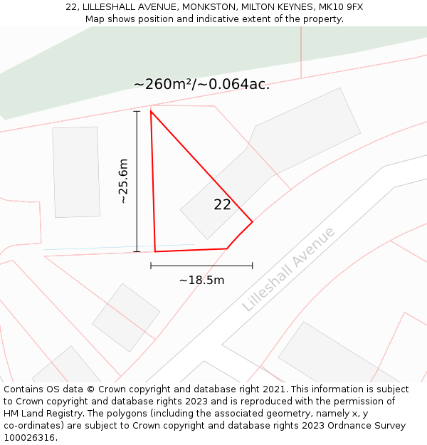 22, LILLESHALL AVENUE, MONKSTON, MILTON KEYNES, MK10 9FX: Plot and title map