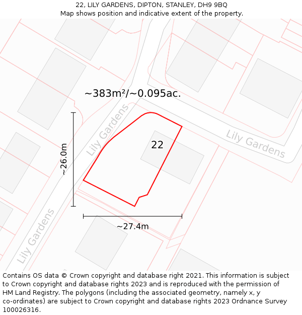 22, LILY GARDENS, DIPTON, STANLEY, DH9 9BQ: Plot and title map