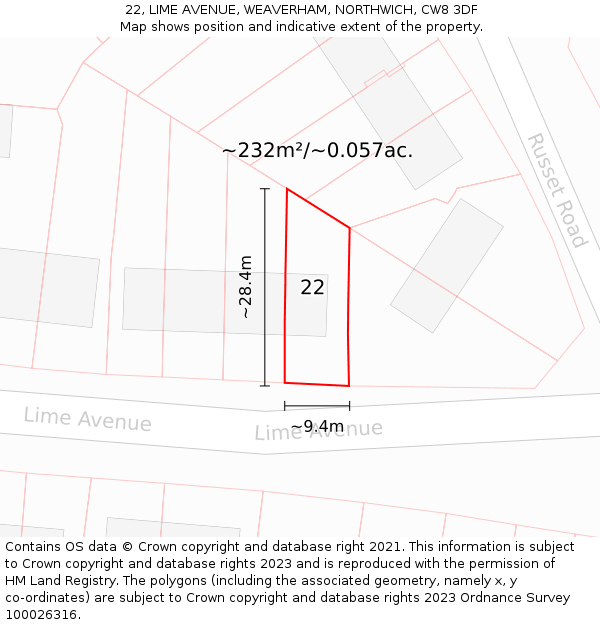 22, LIME AVENUE, WEAVERHAM, NORTHWICH, CW8 3DF: Plot and title map