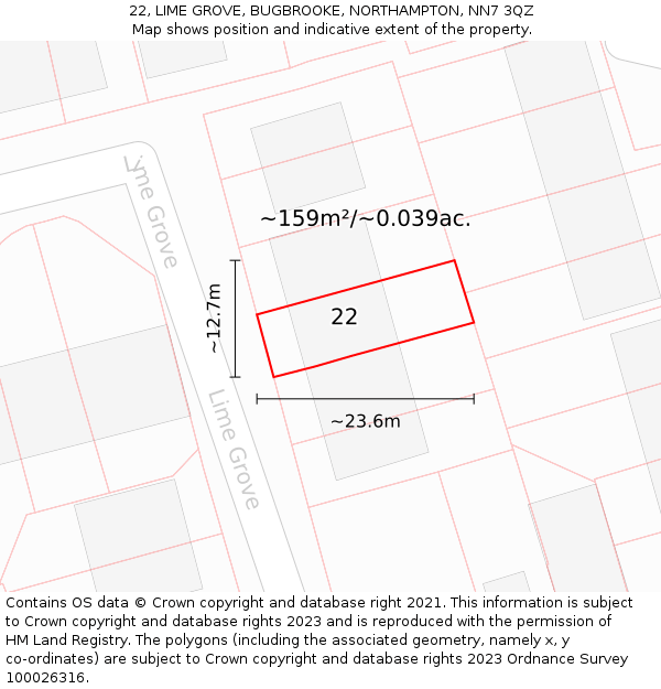 22, LIME GROVE, BUGBROOKE, NORTHAMPTON, NN7 3QZ: Plot and title map