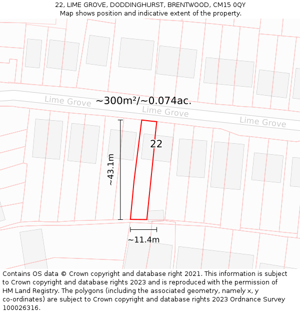 22, LIME GROVE, DODDINGHURST, BRENTWOOD, CM15 0QY: Plot and title map