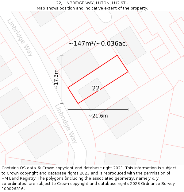 22, LINBRIDGE WAY, LUTON, LU2 9TU: Plot and title map