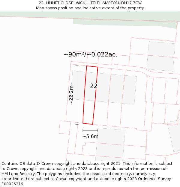 22, LINNET CLOSE, WICK, LITTLEHAMPTON, BN17 7GW: Plot and title map