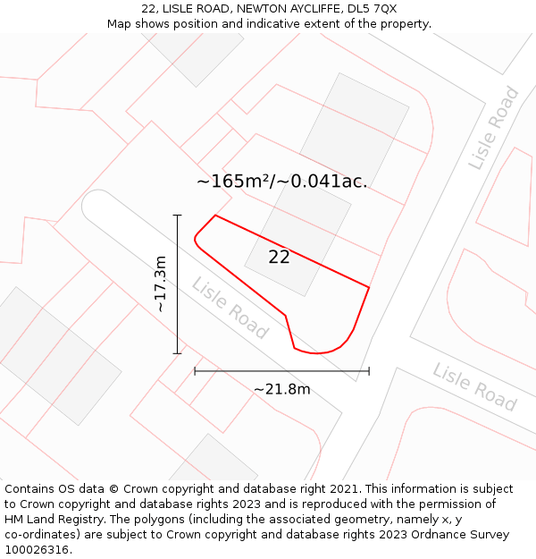 22, LISLE ROAD, NEWTON AYCLIFFE, DL5 7QX: Plot and title map