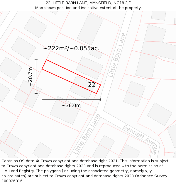 22, LITTLE BARN LANE, MANSFIELD, NG18 3JE: Plot and title map