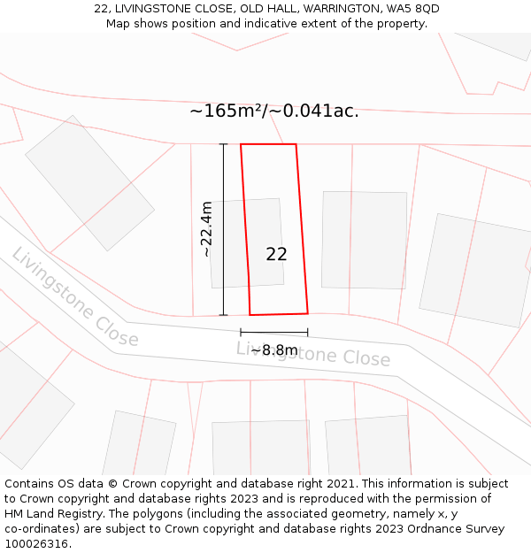 22, LIVINGSTONE CLOSE, OLD HALL, WARRINGTON, WA5 8QD: Plot and title map