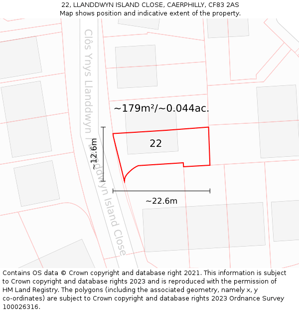 22, LLANDDWYN ISLAND CLOSE, CAERPHILLY, CF83 2AS: Plot and title map