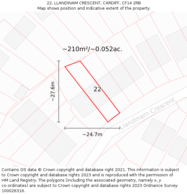 22, LLANDINAM CRESCENT, CARDIFF, CF14 2RB: Plot and title map