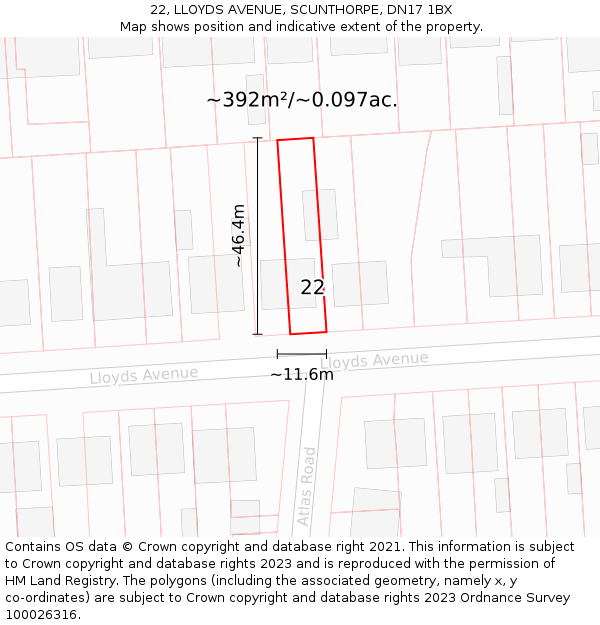 22, LLOYDS AVENUE, SCUNTHORPE, DN17 1BX: Plot and title map