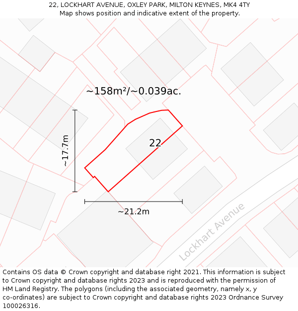 22, LOCKHART AVENUE, OXLEY PARK, MILTON KEYNES, MK4 4TY: Plot and title map