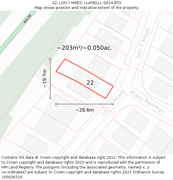 22, LON Y MAES, LLANELLI, SA14 8TD: Plot and title map