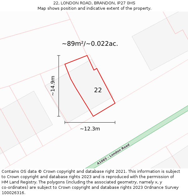 22, LONDON ROAD, BRANDON, IP27 0HS: Plot and title map