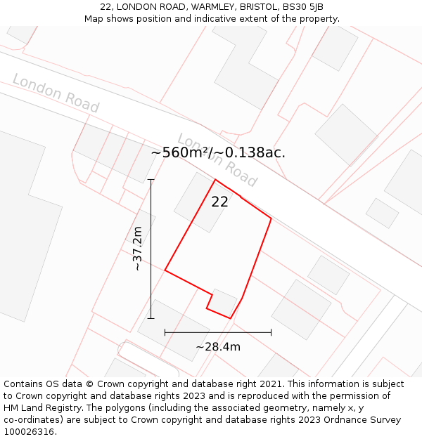 22, LONDON ROAD, WARMLEY, BRISTOL, BS30 5JB: Plot and title map