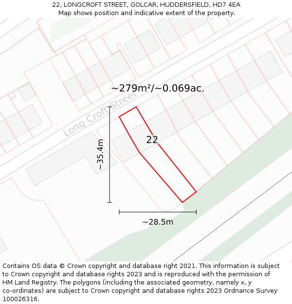 22, LONGCROFT STREET, GOLCAR, HUDDERSFIELD, HD7 4EA: Plot and title map