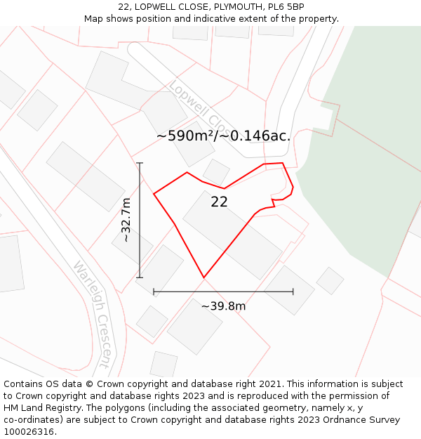 22, LOPWELL CLOSE, PLYMOUTH, PL6 5BP: Plot and title map