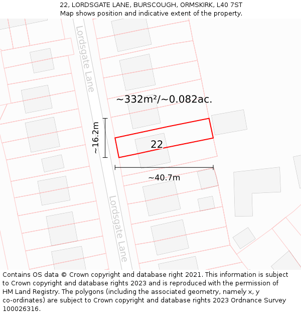 22, LORDSGATE LANE, BURSCOUGH, ORMSKIRK, L40 7ST: Plot and title map