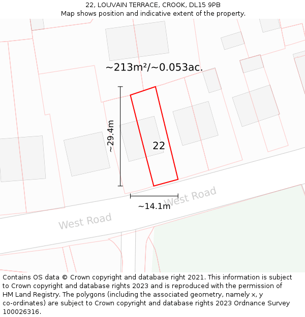 22, LOUVAIN TERRACE, CROOK, DL15 9PB: Plot and title map