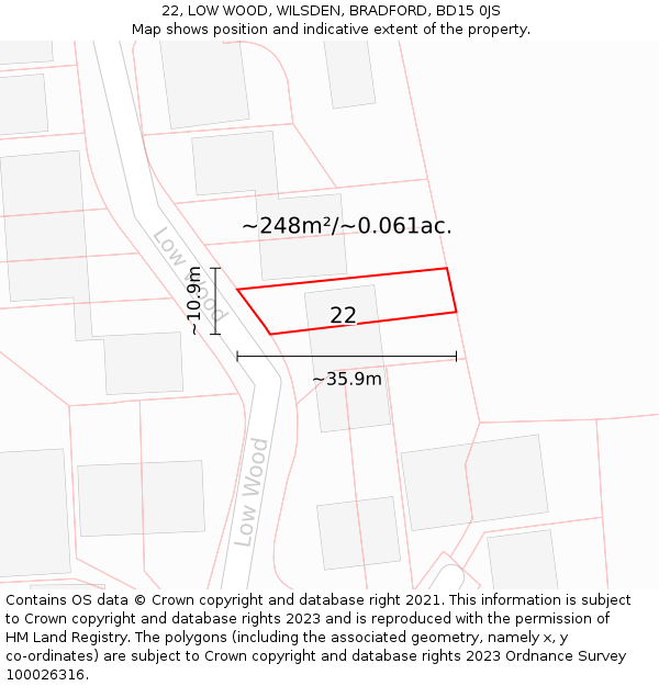 22, LOW WOOD, WILSDEN, BRADFORD, BD15 0JS: Plot and title map