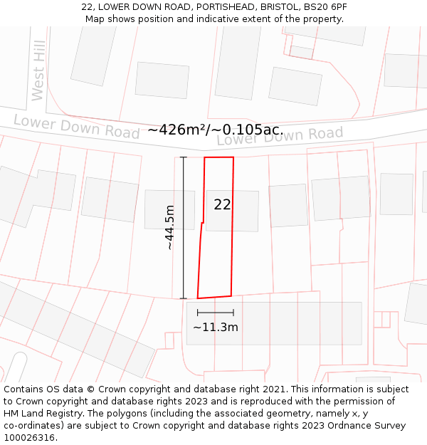 22, LOWER DOWN ROAD, PORTISHEAD, BRISTOL, BS20 6PF: Plot and title map