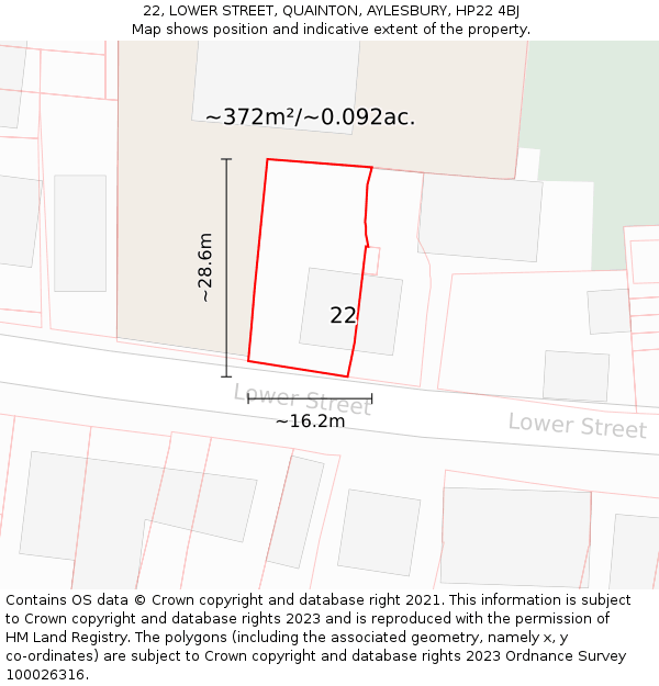 22, LOWER STREET, QUAINTON, AYLESBURY, HP22 4BJ: Plot and title map