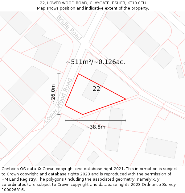 22, LOWER WOOD ROAD, CLAYGATE, ESHER, KT10 0EU: Plot and title map