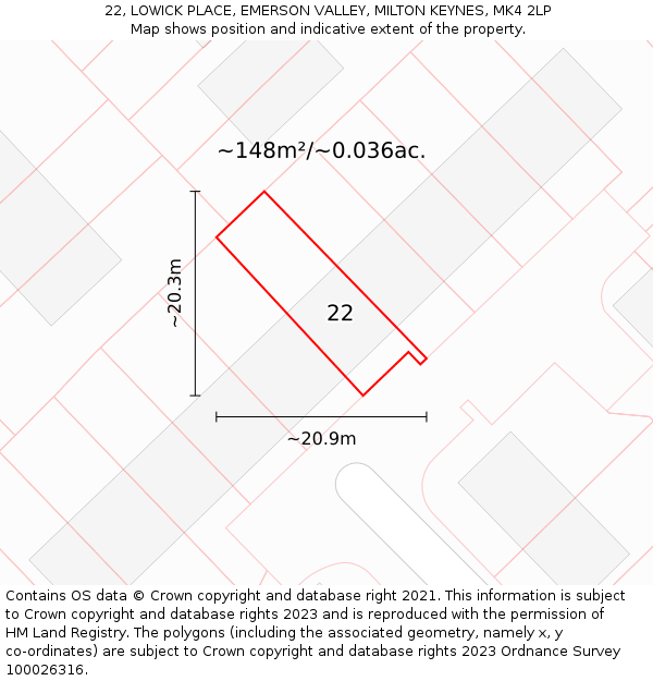 22, LOWICK PLACE, EMERSON VALLEY, MILTON KEYNES, MK4 2LP: Plot and title map