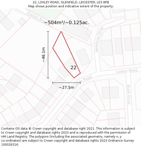 22, LOXLEY ROAD, GLENFIELD, LEICESTER, LE3 8PB: Plot and title map