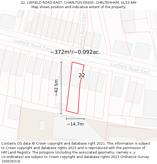 22, LYEFIELD ROAD EAST, CHARLTON KINGS, CHELTENHAM, GL53 8AY: Plot and title map